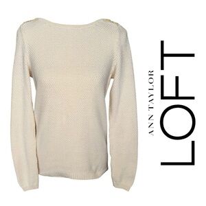 LOFT Cream Textured Boatneck Sweater Button Accents Waffle Cotton Knit Sz S